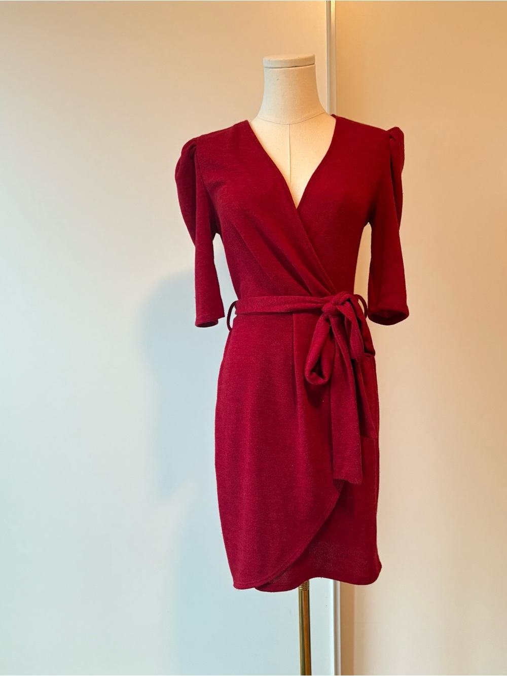 Revamped Burgundy Wrap Mini Dress with Tie Waist - Picture 2 of 7